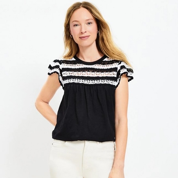 Loft Sz S Crochet Ruffle Crew Neck Sleeve Top Blouse Pullover Black White - Picture 1 of 5